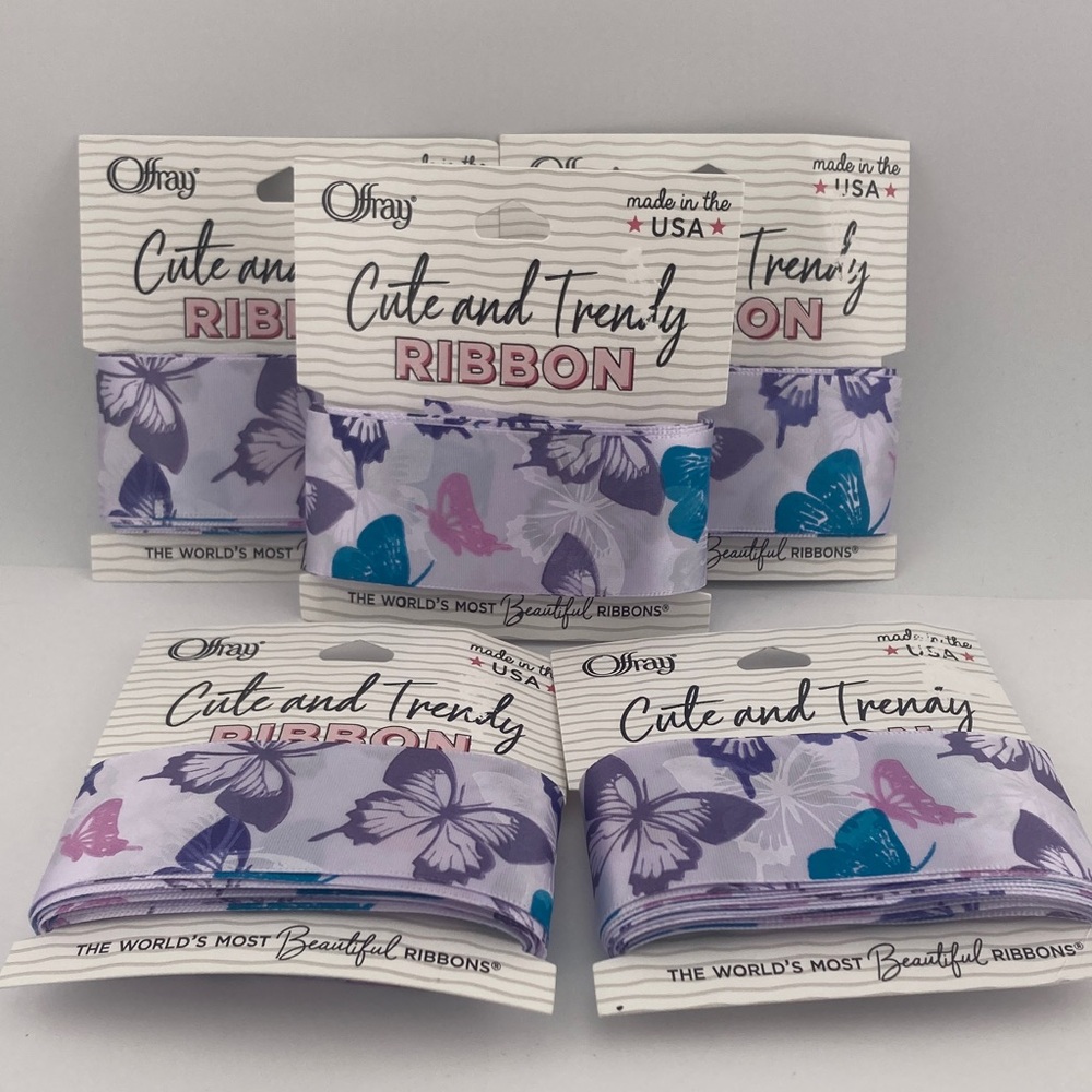 10 Butterfly Ribbon Purple Blue White Pink Offray USA 1.5" 3yd